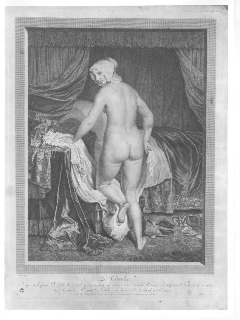 giovane donna in atto di coricarsi (stampa) di Porporati Carlo Antonio, Van Loo Jacob (seconda metà sec. XVIII)