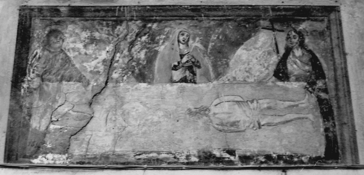 Sacra Sindone sorretta dalla Madonna, San Pietro e San Giovanni Battista (dipinto, opera isolata) - ambito cuneese (primo quarto sec. XVI)