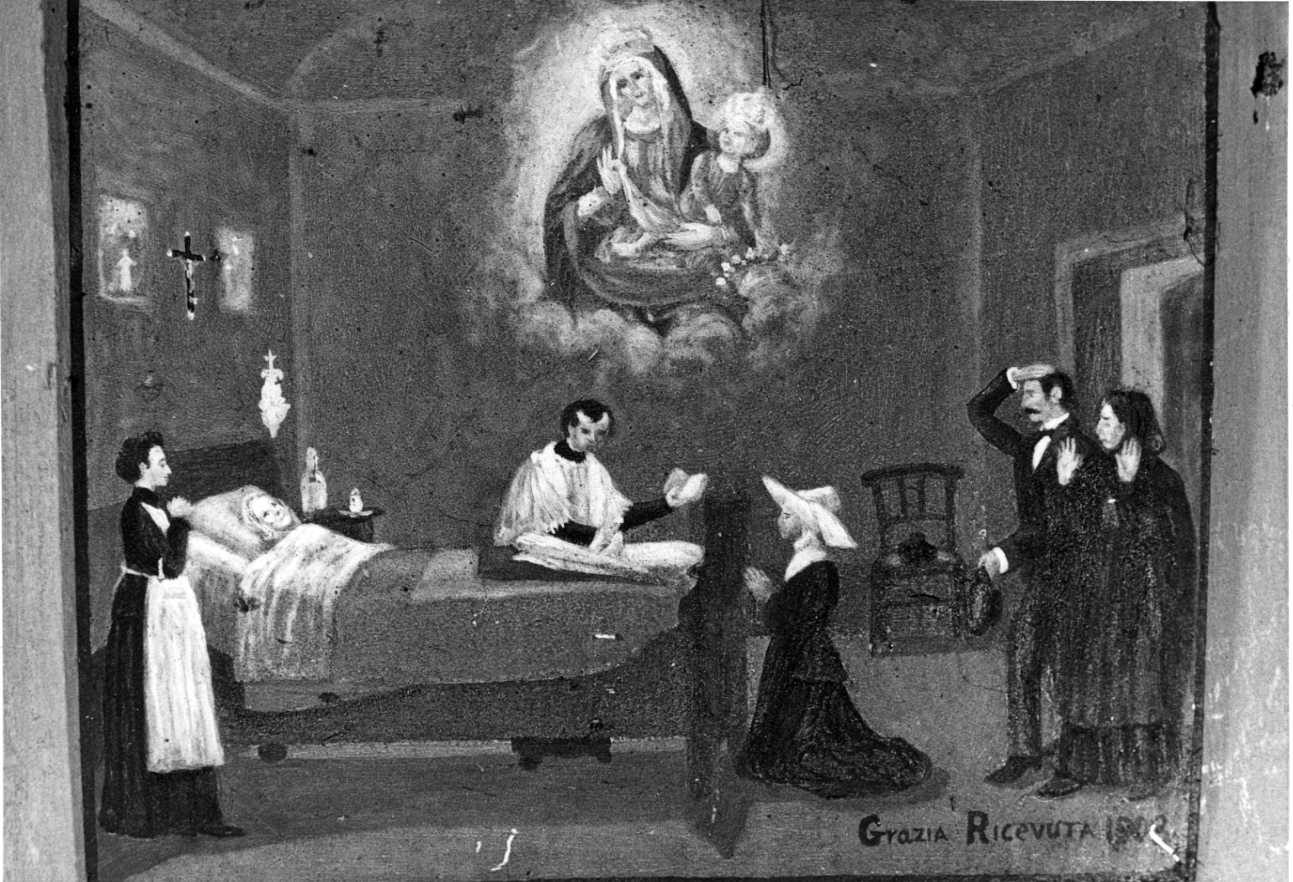Intervento della Madonna per guarigione (ex voto, opera isolata) di Boeris Giuseppe (inizio sec. XX)