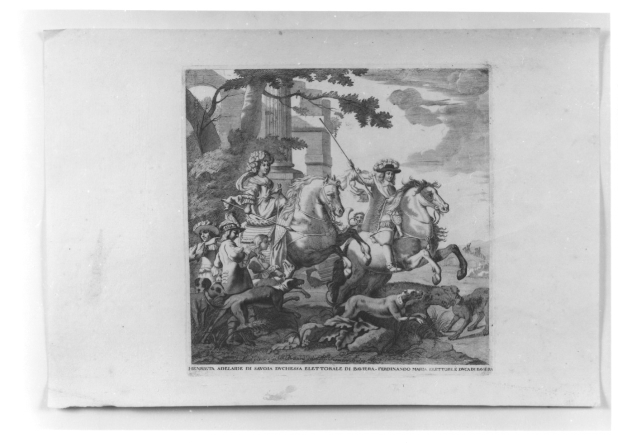 ritratto equestre di Enrichetta Adelaide di Savoia e di Ferdinando elettore di Baviera (stampa, elemento d'insieme) di Brambilla Giovanni Battista, Miel Jan, Tasnière Georges (terzo quarto sec. XVII)