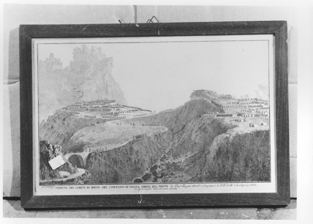 accampamento dell'esercito sabaudo a Brois presso Nizza (stampa) di Bagetti Giuseppe Pietro, Chianale Giovanni Paolo Saverio (fine sec. XVIII)