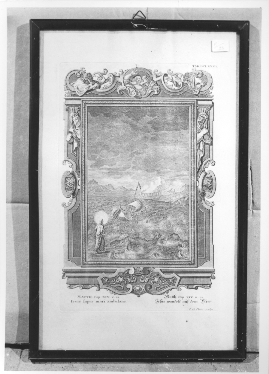 Cristo cammina sulle acque del lago di Tiberiade (stampa, elemento d'insieme) di Pintz Johann Georg (secondo quarto sec. XVIII)