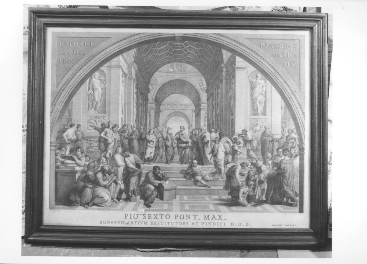 la scuola d'Atene, scuola d'Atene della Stanza della Segnatura del Vaticano (stampa, serie) di Cades Giuseppe, Sanzio Raffaello, Volpato Giovanni (ultimo quarto sec. XVIII)
