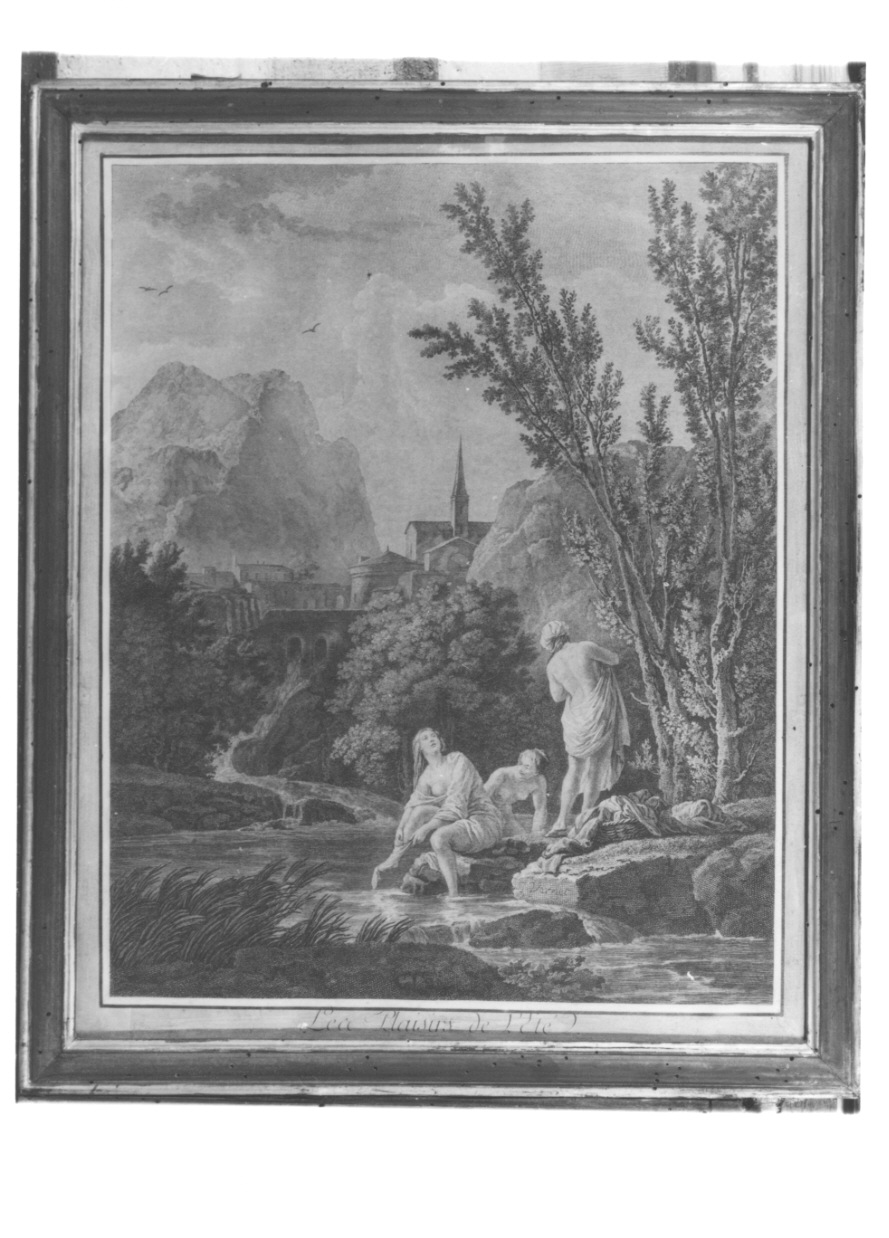 paesaggio fluviale con bagnanti (stampa) di Vernet Claude Joseph (terzo quarto sec. XVIII)