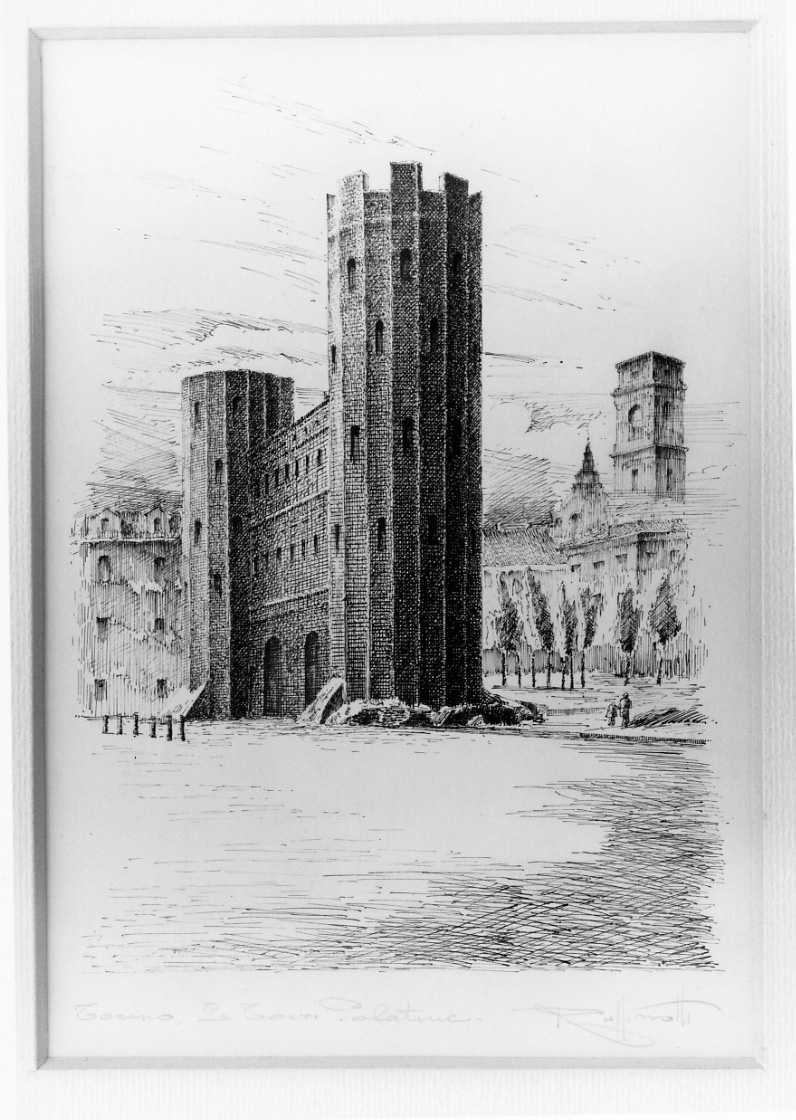 Torino, le Torri Palatine, veduta delle Torri Palatine (disegno, opera isolata) di Ruffinatti Luigi (metà sec. XX)
