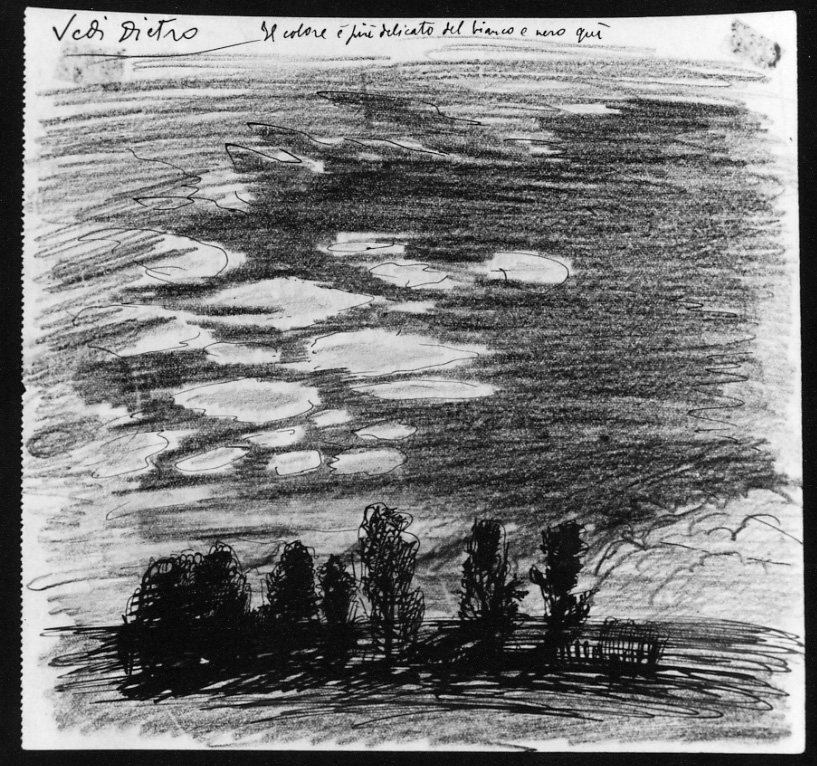 Cielo di nord-ovest di sera, paesaggio rurale (disegno, opera isolata) di Bozzetti Francesco detto Cino Bozzetti (secondo quarto sec. XX)