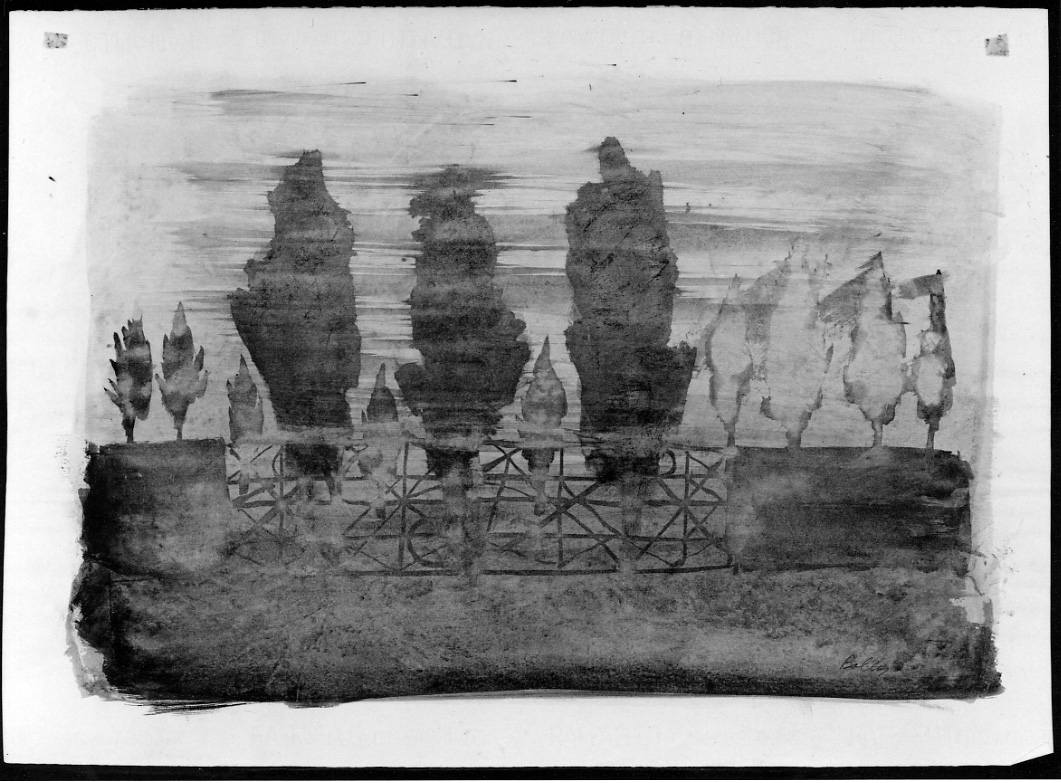Alberi dietro la cancellata, paesaggio con alberi (disegno, opera isolata) di Bolla Piero (metà sec. XX)