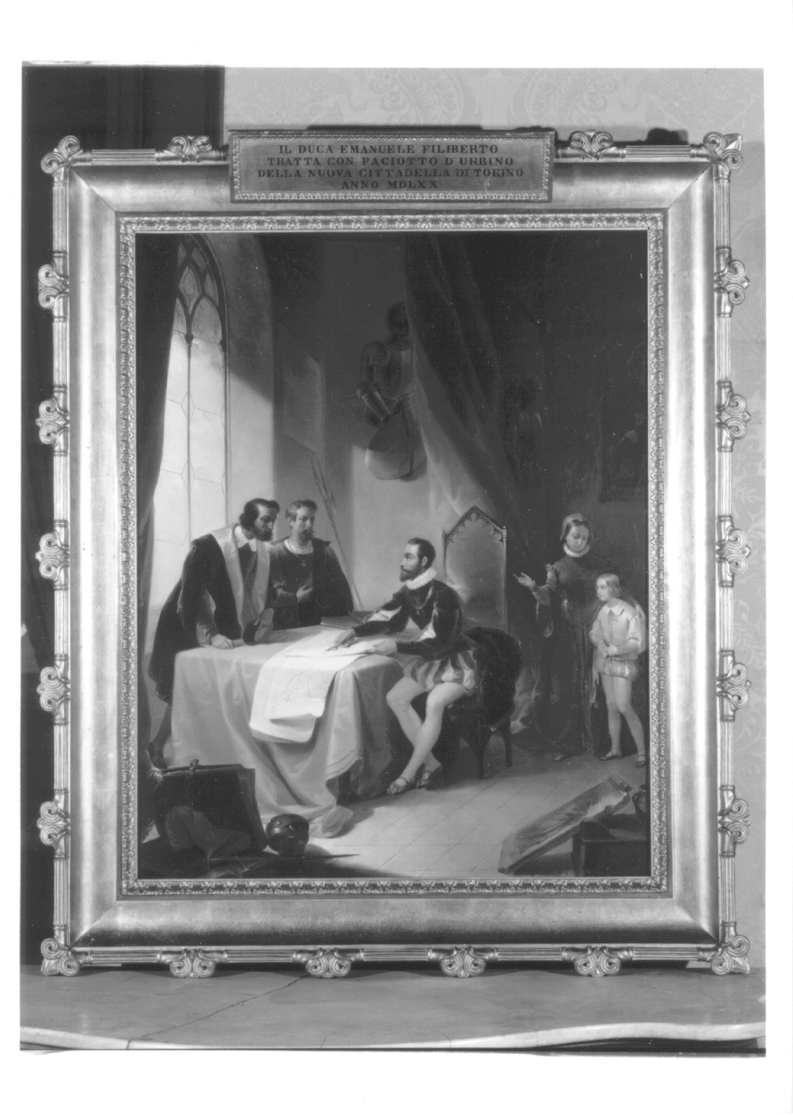 IL DUCA EMANUELE FILIBERTO TRATTA CON PACIOTTO D'URBINO DELLA NUOVA CITTADELLA DI TORINO ANNO MDLXX, Emanuele Filiberto di Savoia esamina il progetto della nuova cittadella di Torino con Paciotto d'Urbino (dipinto, opera isolata) di Marghinotti Giovanni (metà sec. XIX)