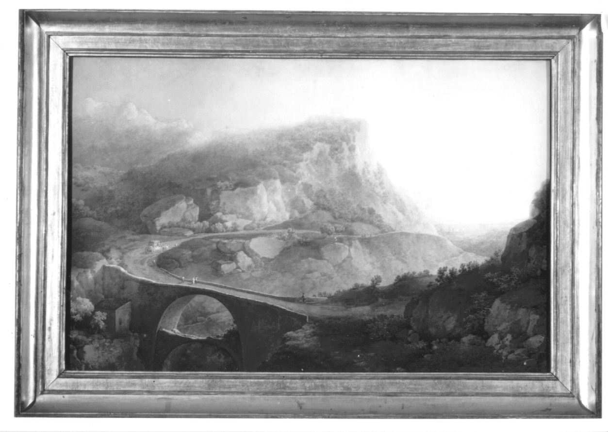 Il ponte de' Preti nel Canavese, veduta del ponte de' Preti presso Castellamonte (dipinto, opera isolata) di Bagetti Giuseppe Pietro (prima metà sec. XIX)