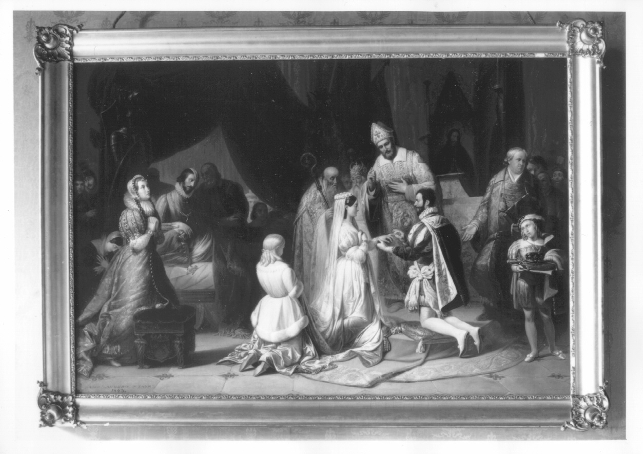 matrimonio di Emanuele Filiberto di Savoia con Margherita di Valois (dipinto, opera isolata) di Augero Amedeo (prima metà sec. XIX)