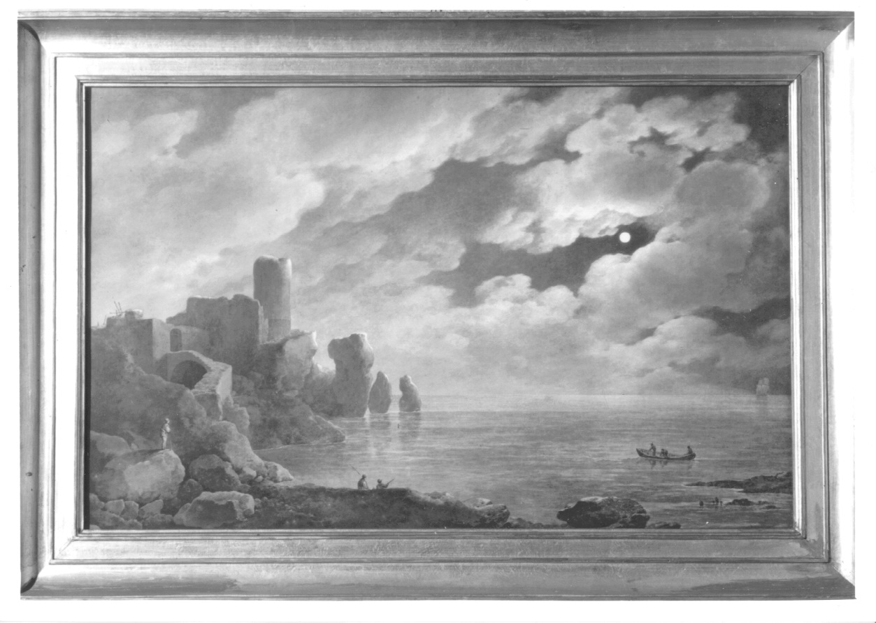 NOTTE CON LUNA, marina con pescatori e barche (dipinto, opera isolata) di Bagetti Giuseppe Pietro (prima metà sec. XIX)