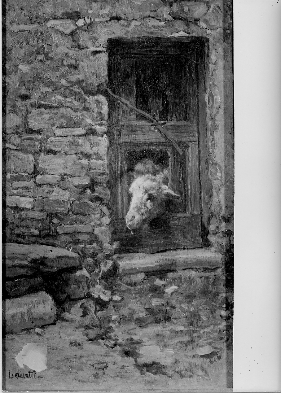 pecora che fa capolino dalla porta dell'ovile (dipinto) di Laccetti Valerico (fine/inizio sec. XIX, secc. XIX/ XX)