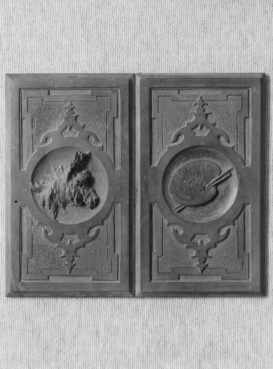 testa di asino e tavolozza con pennelli (formella, coppia) di Palizzi Filippo (sec. XIX)