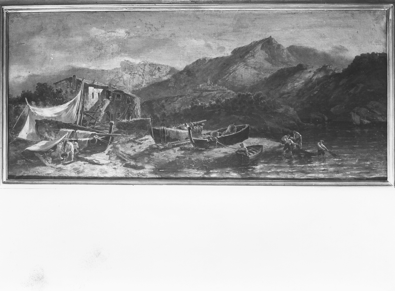 paesaggio marino con pescatori, paesaggio marino (dipinto) di Donnini Emilio (sec. XIX)