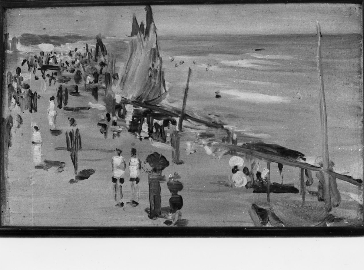 spiaggia di Falconara, spiaggia con figure e barche a vela (dipinto) di Montagnoli (sec. XX)