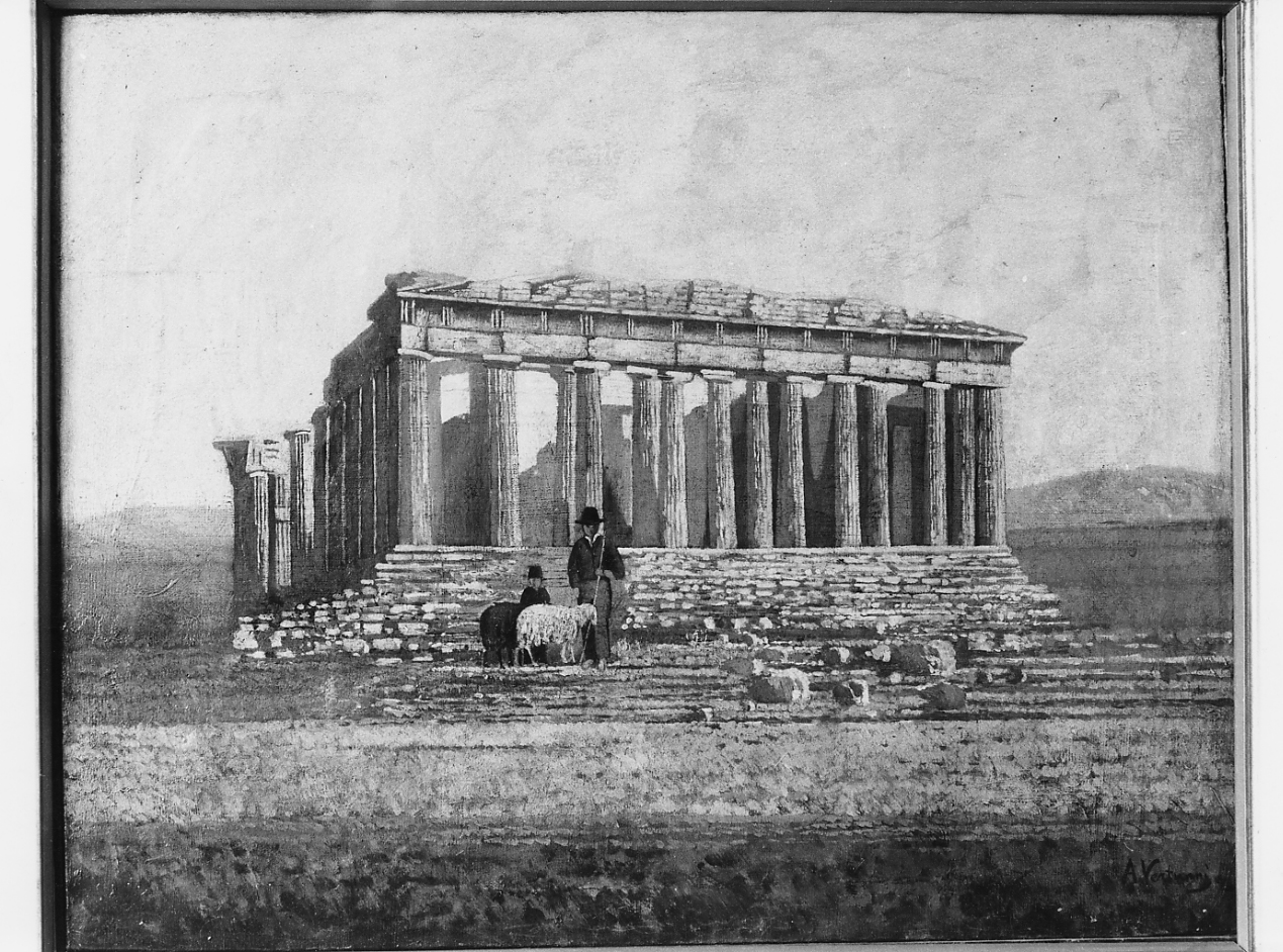 paestorelli presso le rovine di un tempio, paesaggio (dipinto) di Vertunni Achille (sec. XIX)
