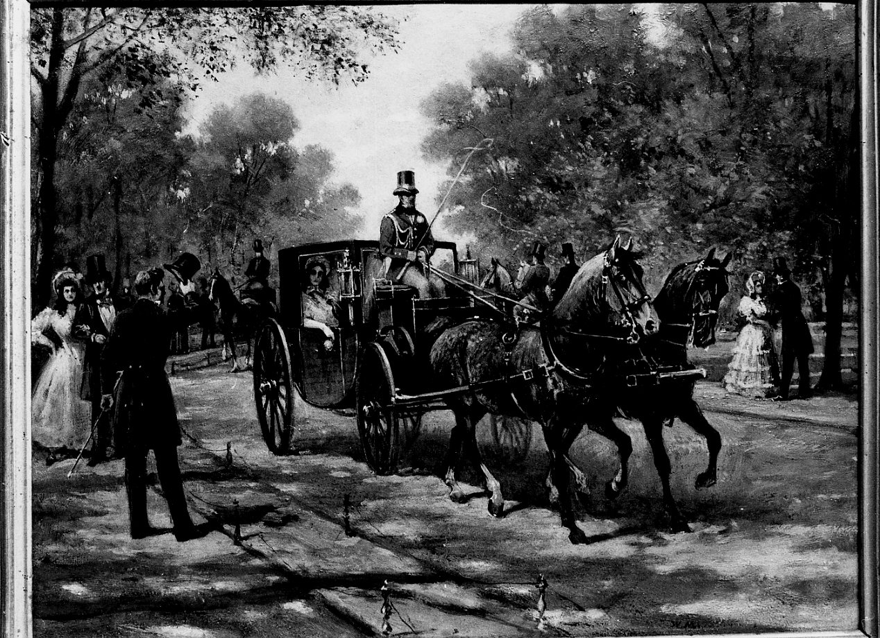 signora delle Camelie in carrozza, scena tratta da ""la Signora delle Camelie""" (dipinto, serie) di Monogrammista W. M (seconda metà sec. XIX)