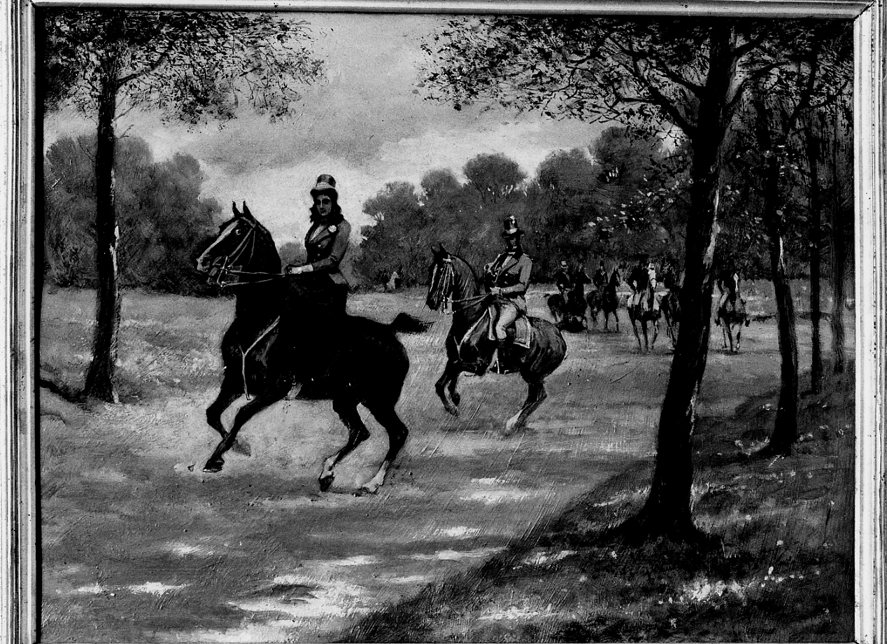 signora delle camelie a cavallo, scena tratta da ""la Signora delle Camelie""" (dipinto, serie) di Monogrammista W. M (seconda metà sec. XIX)