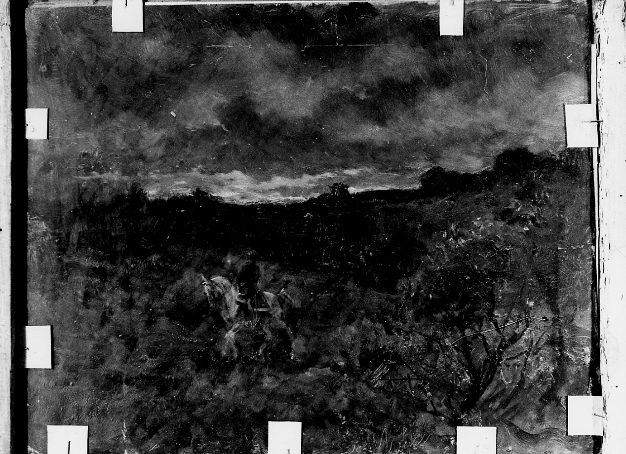 fuga di Napoleone?, paesaggio con cavaliere (dipinto) di Monogrammista W. M (sec. XIX)