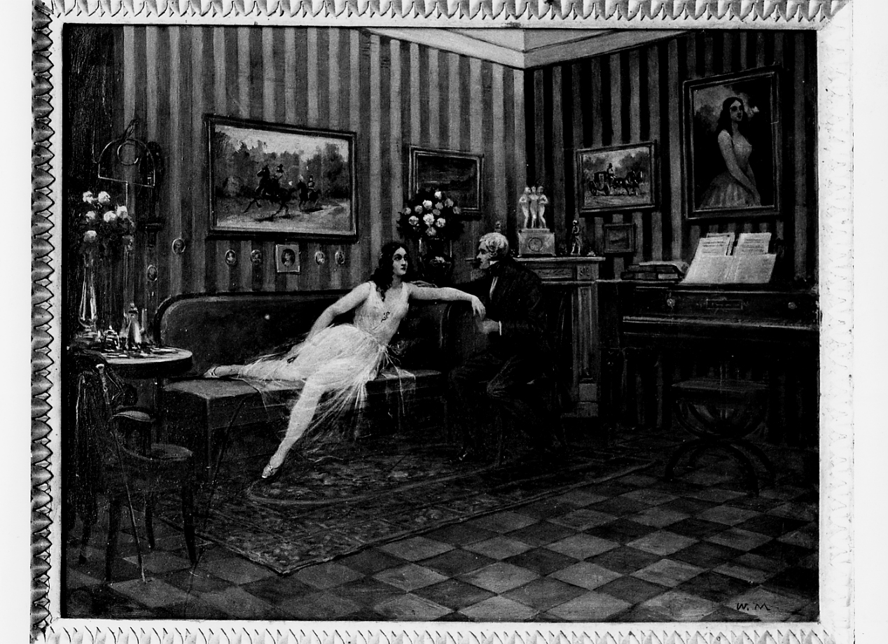 Marguerite Gautier e il dottore nel salotto, scena tratta da ""la Signora delle Camelie""" (dipinto) di Monogrammista W. M (seconda metà sec. XIX)