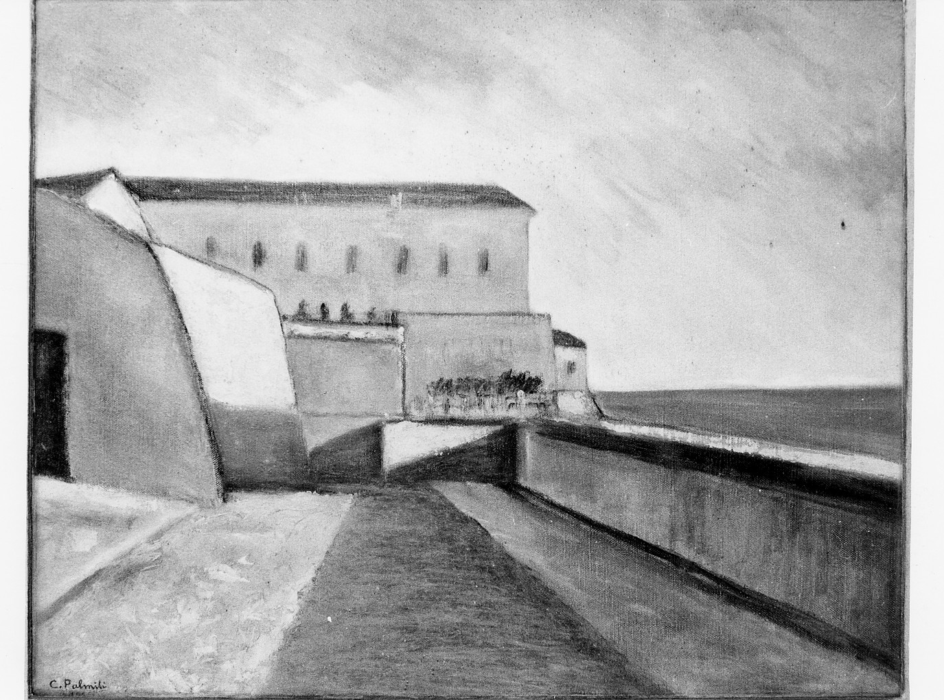 Vasto - Veduta del Palazzo d'Avalos (lato sud), veduta di un palazzo (dipinto) di Palmili Carlo (sec. XX)