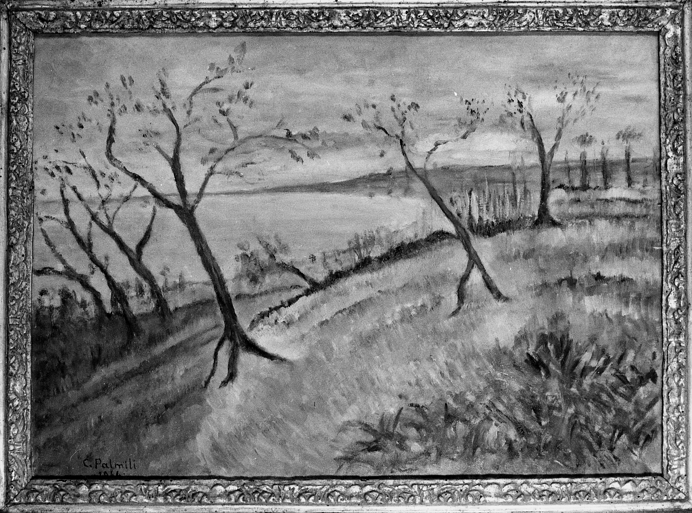 paesaggio lacustre (dipinto) di Palmili Carlo (sec. XX)