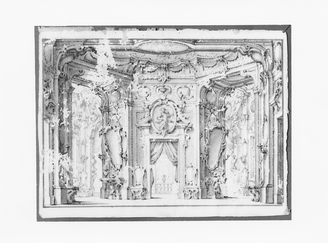 scenario da teatro - Interno di palazzo, veduta di un palazzo (dipinto) - ambito Italia centrale (sec. XIX)