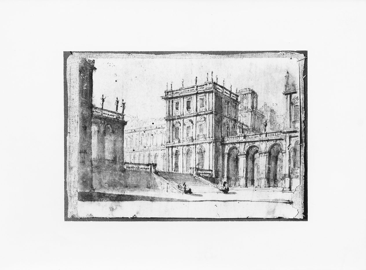 scenario da teatro, veduta di un palazzo (dipinto) - ambito Italia centrale (sec. XIX)
