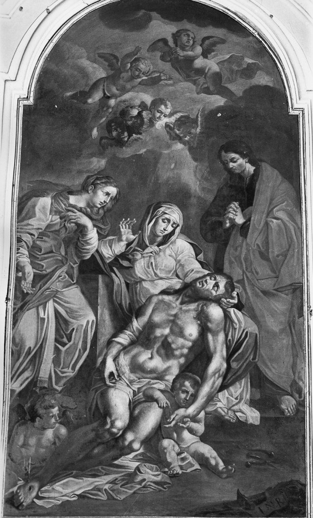 La Pietà, Cristo in pietà tra la Madonna e San Giovanni Evangelista (dipinto) di Brandi Giacinto (cerchia) (fine sec. XVII)