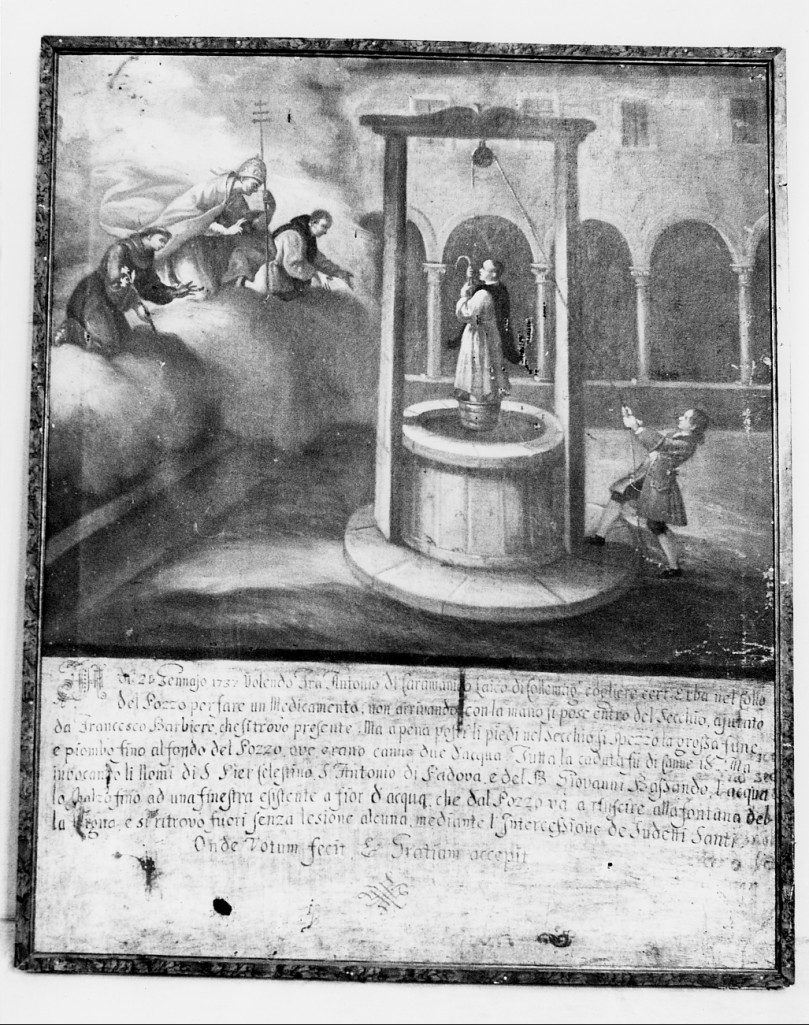 miracolo di S.Antonio da Padova, S.Pietro Celestino e S.Giovanni Bassando (dipinto) - ambito italiano (sec. XVIII)