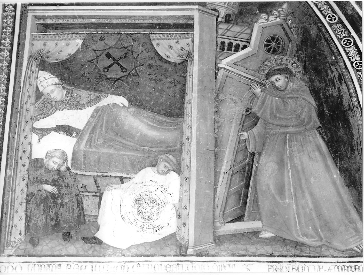 papa Innocenzo III vede in sogno San Francesco d'Assisi sostenere la basilica Lateranense (dipinto, elemento d'insieme) - ambito abruzzese (seconda metà sec. XIV)