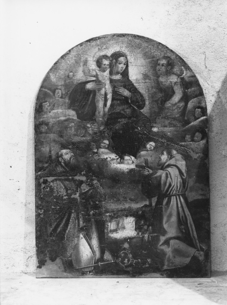 MADONNA CON BAMBINO CON SAN FRANCESCO D'ASSISI E UN SANTO VESCOVO (dipinto) - ambito abruzzese (sec. XVII)