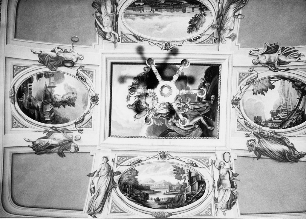 Personificazioni; medaglioni con paesaggi fluviali e marini con figurette citta' e templi; teste di donna; ghirlande (decorazione pittorica, serie) di Ronzi Vincenzo (ultimo quarto sec. XIX)