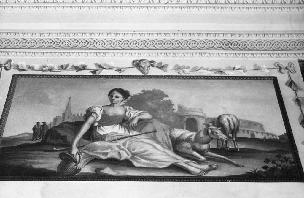 Pastorella su sfondo di mura cittadine (dipinto) di Ronzi Vincenzo (ultimo quarto sec. XIX)