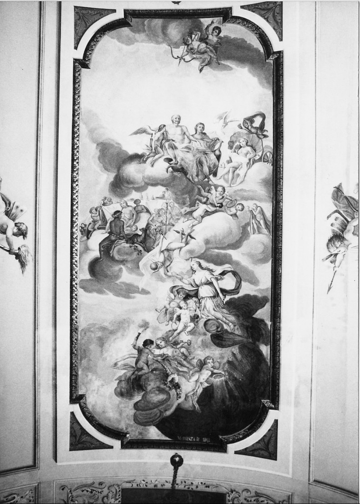 Apoteosi di Verita' condotta da Ermes sull'Olimpo; figure femminili, putti alati, divinita' acquatiche, girali e aquile (decorazione pittorica) di Ronzi Vincenzo (sec. XIX)