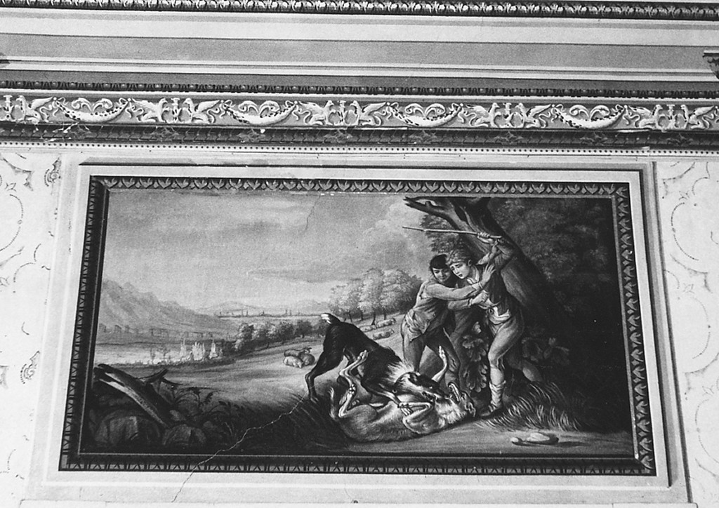 Lotta di lupi presso pastori spaventati (dipinto) di Ronzi Vincenzo (bottega) (ultimo quarto sec. XIX)