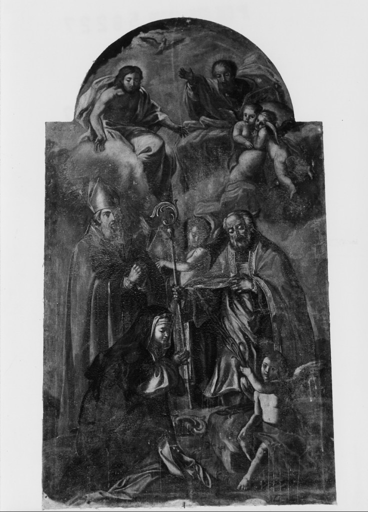 La Trinita' con San Biagio, Santa Monica e Sant'Agostino (dipinto) di Ronzi Giuseppe Angelo (sec. XVIII)