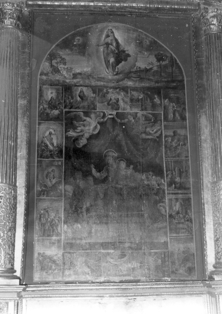 Madonna del Rosario tra santi domenicani, Misteri del Rosario, Madonna Immacolata con simboli delle litanie lauretane (dipinto) - ambito Italia centrale (sec. XVII)