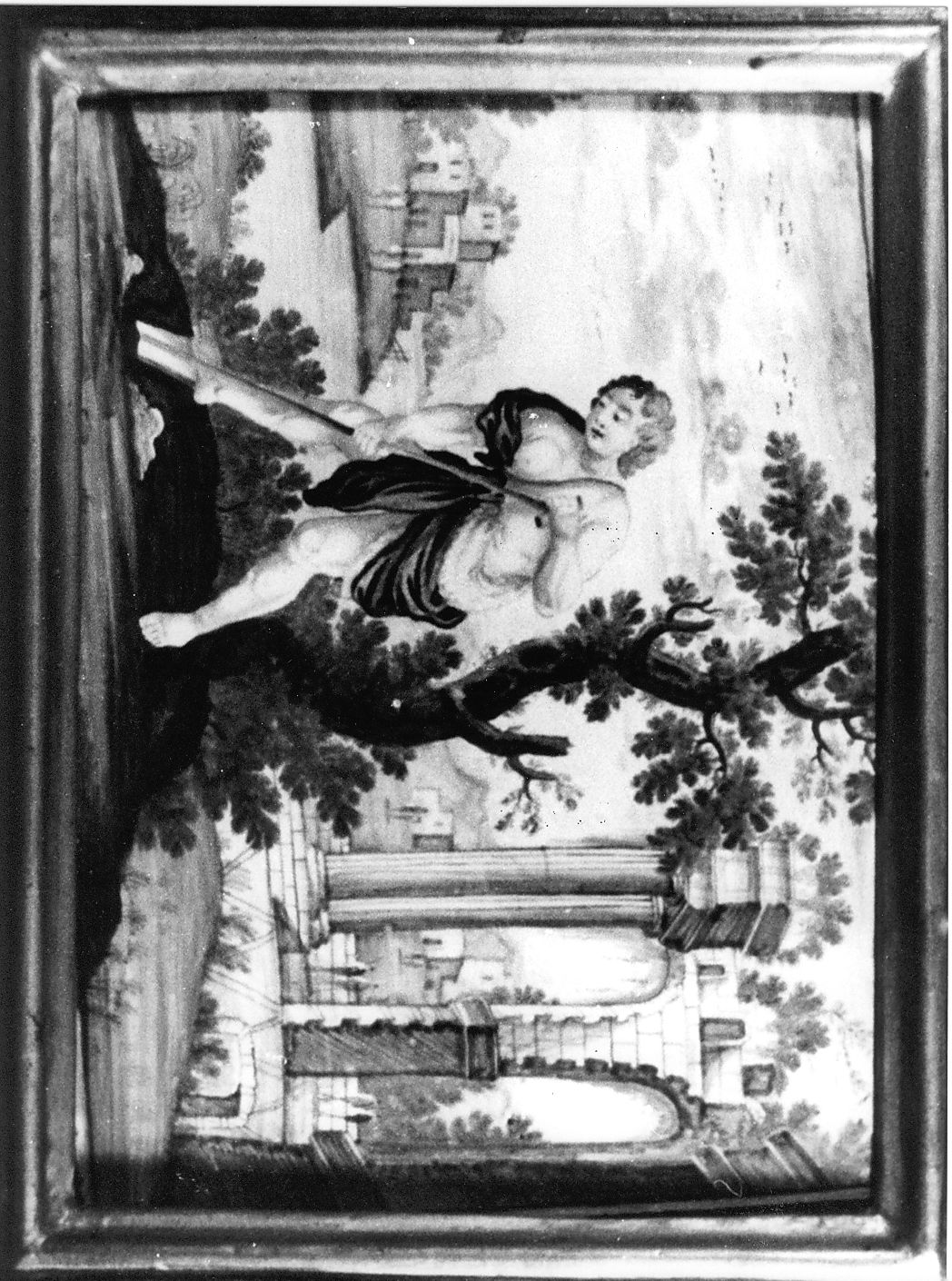 personaggio che vanga e ruderi (targa) - manifattura Italia centrale (fine sec. XVIII)