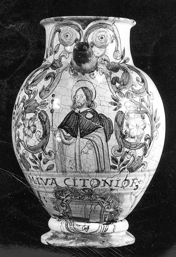 San Giacomo, motivi floreali (brocca da farmacia, elemento d'insieme) - manifattura Italia centrale (ultimo quarto sec. XVII)