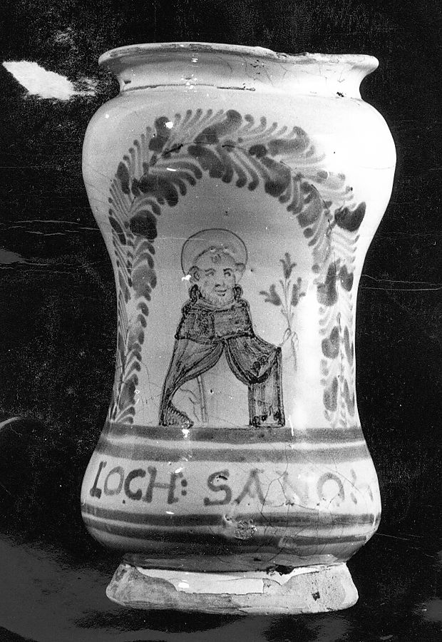 Santo (vaso da farmacia, elemento d'insieme) - manifattura Italia centrale (ultimo quarto sec. XVII)
