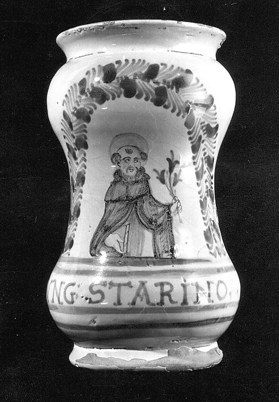 Santo (vaso da farmacia, elemento d'insieme) - manifattura Italia centrale (ultimo quarto sec. XVII)