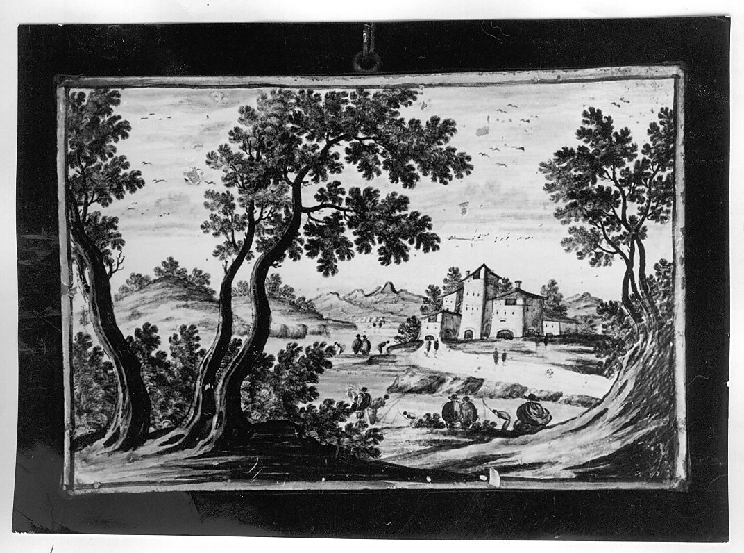 paesaggio con figure (mattonella) di Grue Nicola Tommaso di Giovanni (attribuito) (sec. XVIII)