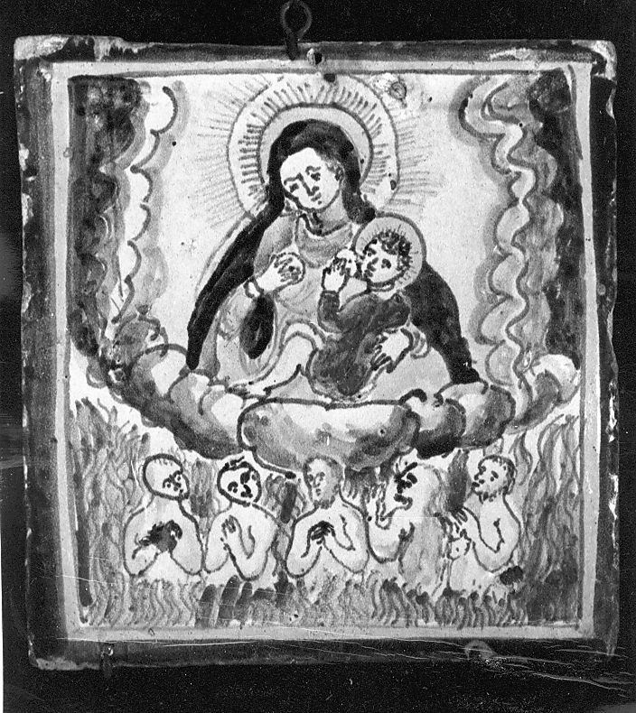 Madonna che intercede per le anime del purgatorio (mattonella) - manifattura Italia centrale (fine/inizio secc. XVII/ XVIII)