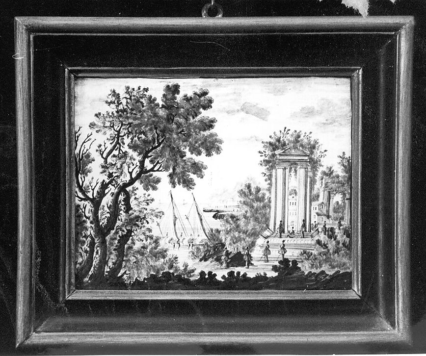 paesaggio con architetture (mattonella) di Grue Anastasio (attribuito) (sec. XVIII)