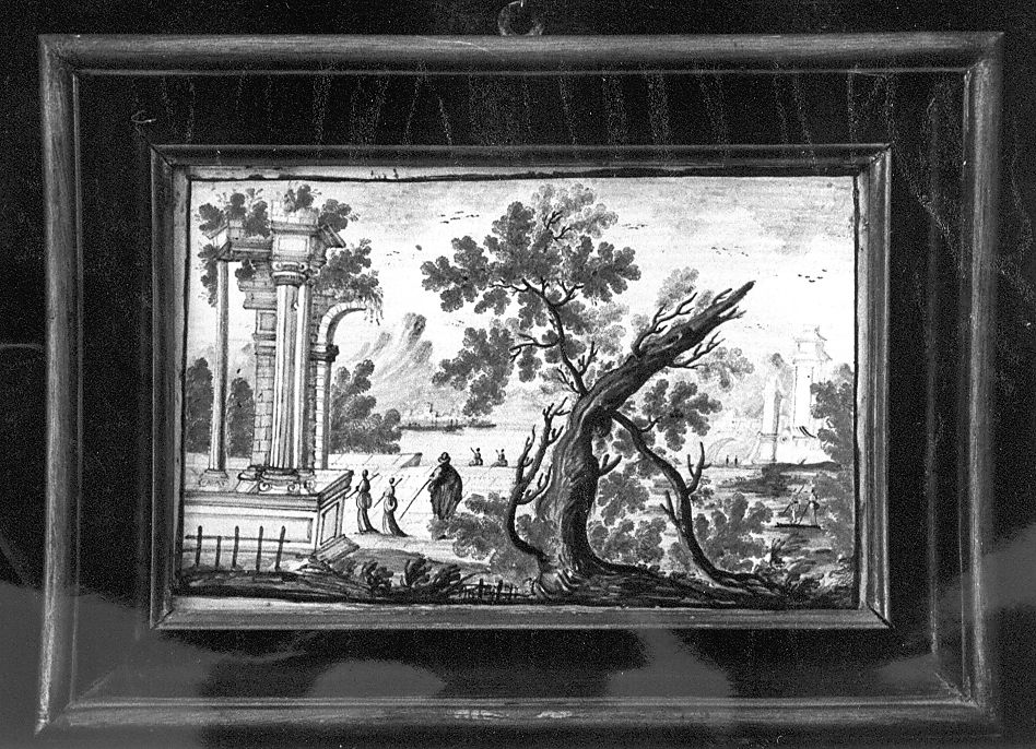 paesaggio con rovine (mattonella) di Cappelletti Nicola (attribuito) (sec. XVIII)