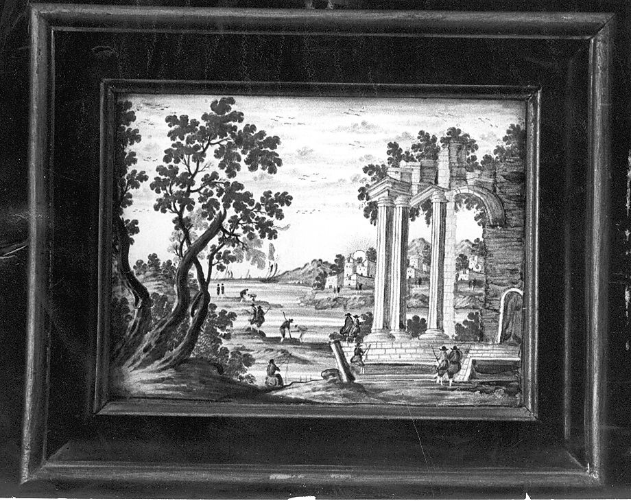 paesaggio con architetture (mattonella) di Grue Nicola Tommaso di Giovanni (attribuito) (sec. XVIII)