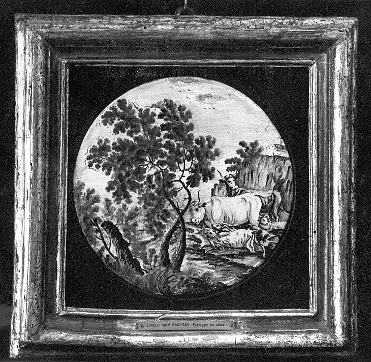 paesaggio con animali (tondo) di Grue Aurelio (maniera) (sec. XVIII)