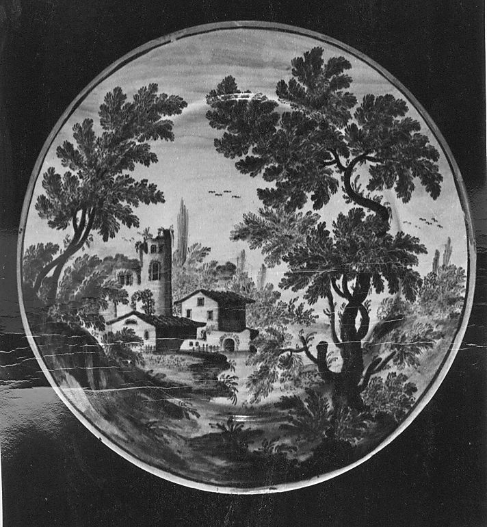 paesaggio con architetture (piatto) di Cappelletti Nicola (attribuito) (sec. XVIII)