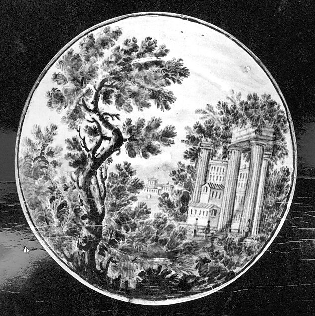 paesaggio con rovine (piattello) di Cappelletti Nicola (attribuito) (sec. XVIII)